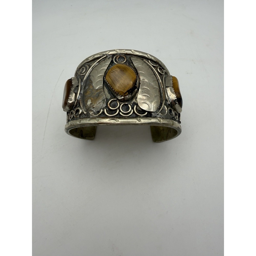 Vintage Mexico Wide Cuff Bracelet Tiger's Eye Style Stones Silver Tone Boho